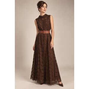 Johnnye Lace Gown Women M Brown Vtg 60s Sleeveless Maxi Belted Mod High neck